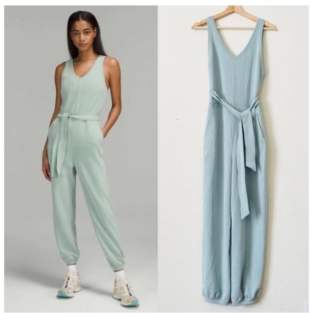 Lululemon Softstreme Ease Of It All V-Neck Belt Jumpsuit Womens 10 Silver Blue